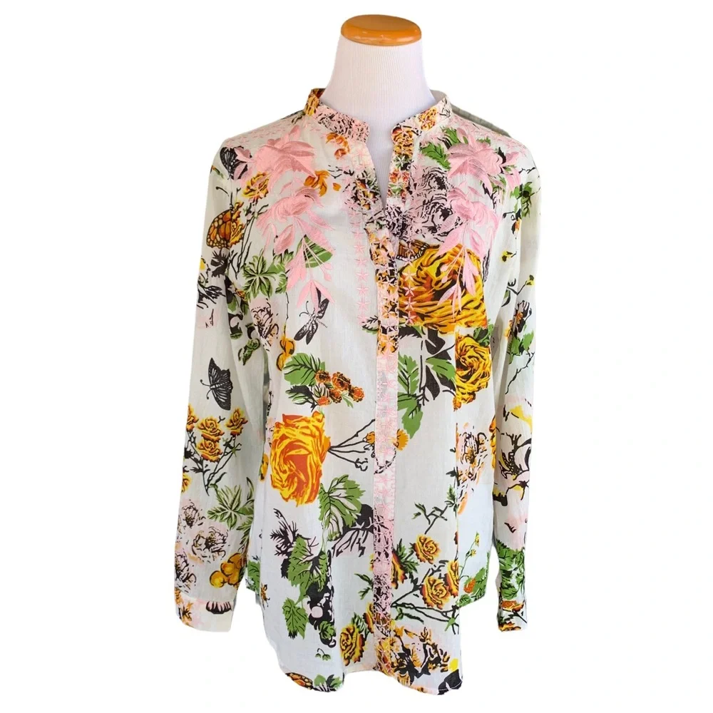 Magazine Floral Popover Shirt Blouse Cover Up Embroidered Cotton L